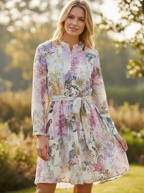 Zara Parrot Tropical Floral Print Mini Linen Shirt Dress XS